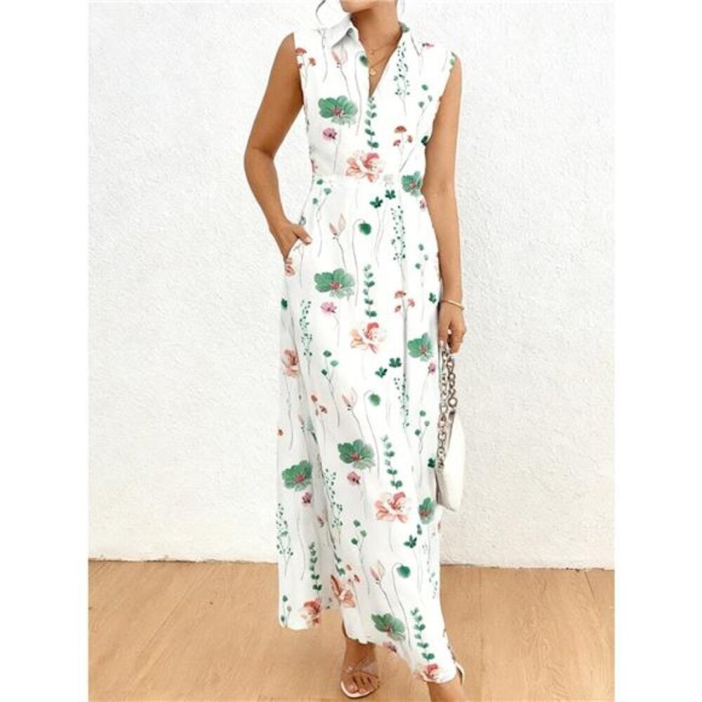 Floral Print Sleeveless Maxi Shirt Dress